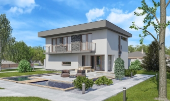 Este proyecto de casa es adecuado para una parcela estrecha. Se trata de una casa unifamiliar con varias plantas y una terraza cubierta.